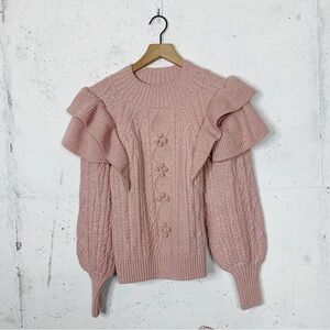 Vici Blush Pink Ruffle Shoulder Chunky Knit Sweater Size Medium